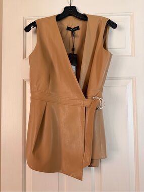 BCBGMaxAzria Tan Faux-Leather Sleeveless Wrap Vest